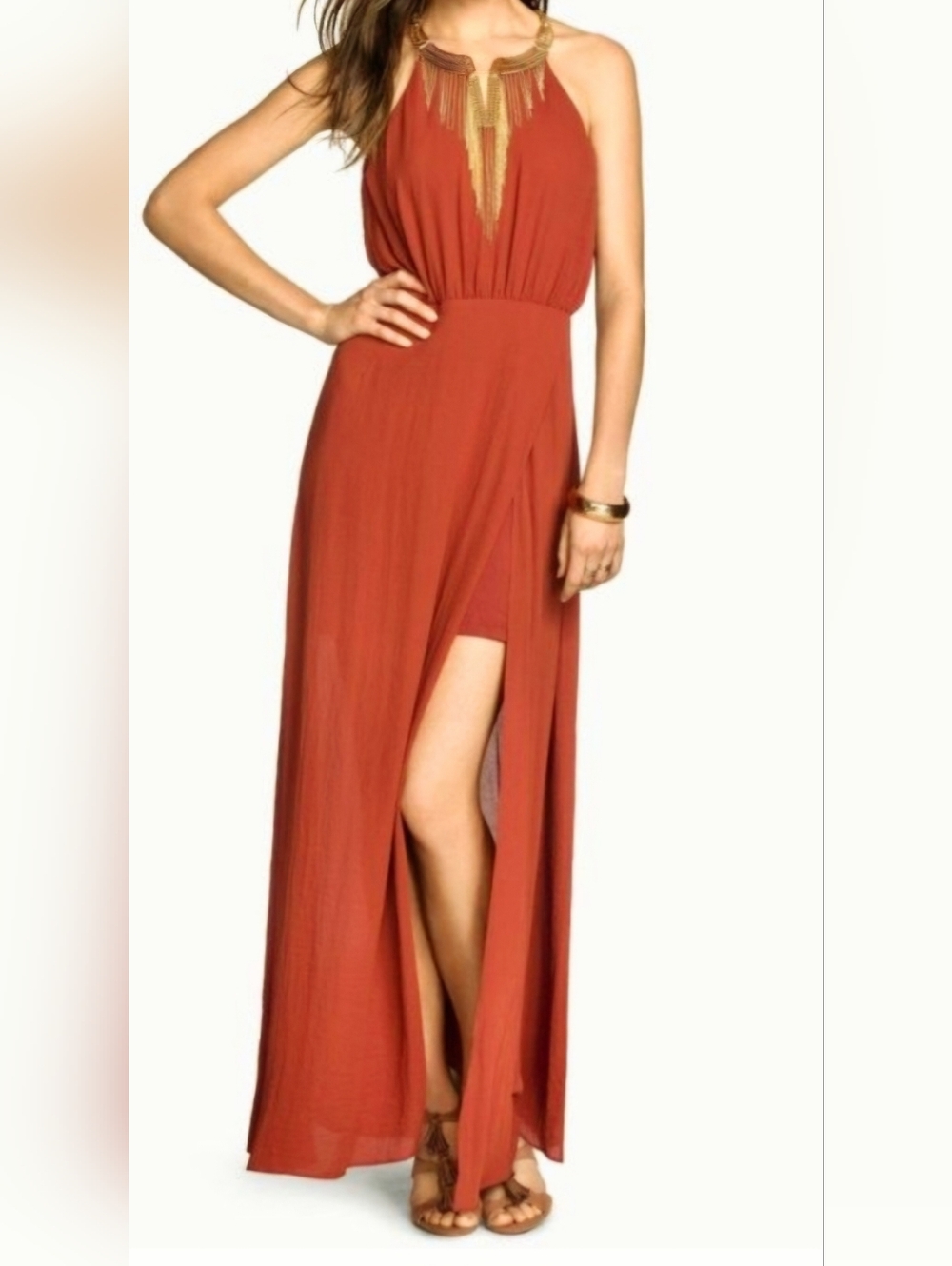 H & M Rust Halter Maxi Dress with High Slit